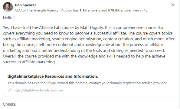 Affiliate Lab Review on Quora by Dan Spencer